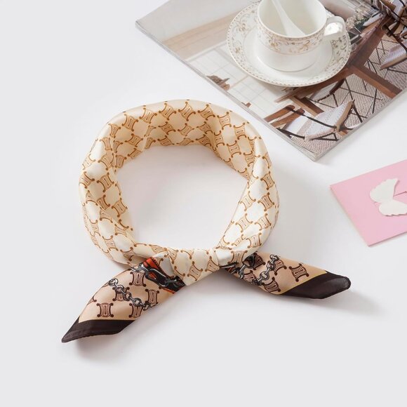 Women Beige Chain Headscarf Satin Bandana Pattern Polyester Breathable Scarves - Picture 2 of 7